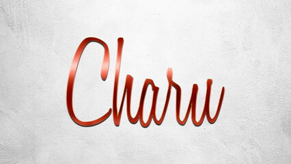 Red 3D text effect of Hindi name Charu on silver background.