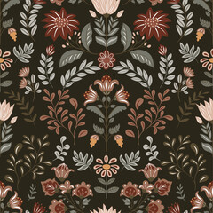 Vector pattern in folk style with various floral motifs on a dark background in the 2025 trendy color. Decorative seamless design perfect for textiles, packaging, and surface prints.