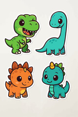 Obraz premium Adorable cartoon illustration featuring four cute dinosaur characters in different colors and species, all smiling and friendly, perfect for children’s designs, learning and creative projects