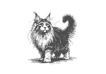 Maine Coon Cat Hand Drawn Illustration Sketch Vector Isolated Graphic Resource