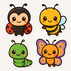 Adorable cartoon illustration featuring four colorful insect characters: ladybug, bee, caterpillar and butterfly, all smiling and cheerful, perfect for children’s designs and creative projects