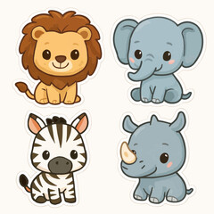 Adorable cartoon illustration featuring four African animals: lion, elephant, zebra and rhinoceros, all smiling and friendly, perfect for children&rsquo;s designs, educational and creative projects