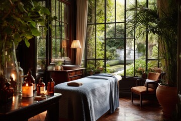 Luxurious spa setting with a massage table, natural light streaming through large windows, and lush greenery, creating a serene and inviting wellness retreat.