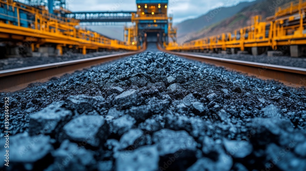Poster Coal piles line the railway tracks leading to a mining facility, emphasizing the connection between extraction activities and the energy generation process at a nearby powerplant.