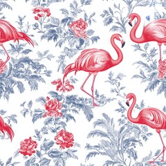 Naklejka premium Tropical Flamingo Pattern with Floral Elements in Soft Pastel Colors