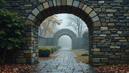 Stone archway entrance, misty backdrop