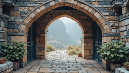 Stone archway entrance, misty backdrop