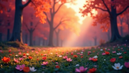 Obraz premium Abstract blurred nature scene, vibrant colors, leaves, photo