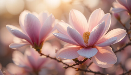 Delicate Pink Magnolia Blossoms In Sunlight