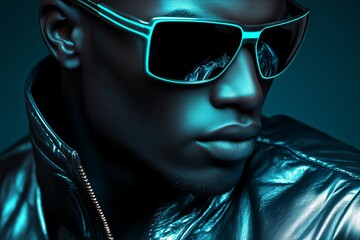 Afro-American Man in neon glasses stares forward with intense precision, metallic green glow reflects on leather jacket, electric edge defines modern confidence in bold cinematic style portrait.