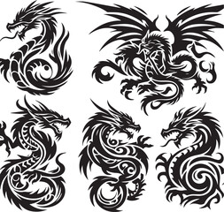 Tribal Dragon Tattoo Vector Illustration – Black Stylized Mythical Beast Design

