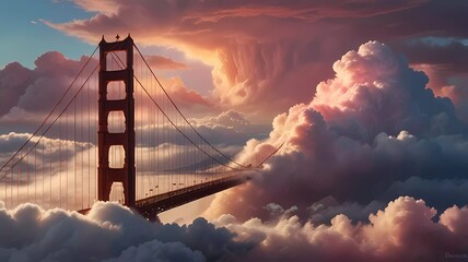 Fototapeta premium Golden gate bridge emerging from a sea of clouds at sunset with a colorful sky above the clouds