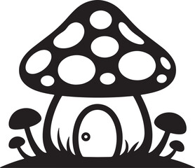 a black and white drawing of mushroom house with a Door silhouette design