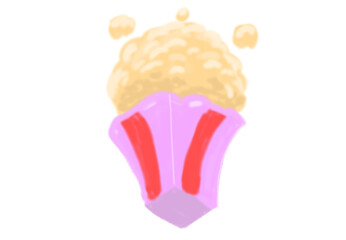 A hand-drawn cartoon popcorn in crayon, top view, PNG, transparent background, playful, colorful, bird-themed, perfect for children’s coloring book.

