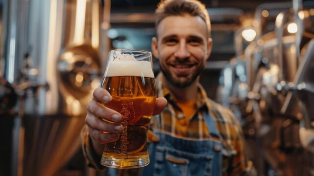 A joyful brewer raises a frosty beer glass, celebrating his brew in a lively, cheerful brewery atmosphere