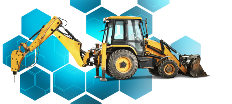 A powerful excavator loader stands out against a vivid backdrop, showing its capability for various tasks like digging and demolition in isolation.