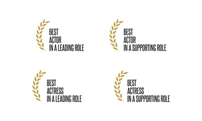 Movie award nomination and winner - best leading or supporting actor or actress - black, golden and white laurel and text vector icon set