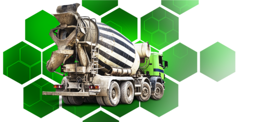 A unique concrete mixing truck stands isolated, showcasing its large mixer drum and bold design, set against a striking geometric green backdrop.