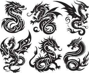 Fototapeta premium Tribal Dragon Tattoo Vector Illustration – Black Stylized Mythical Beast Design