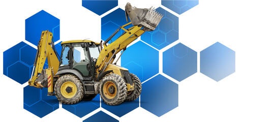 A powerful backhoe loader stands isolated, highlighting its sturdy construction and versatility...