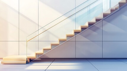 Obraz premium Modern glass and wood staircase in a bright, minimalist interior.