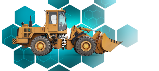 A powerful bulldozer loader equipment is isolated with striking teal hexagonal shapes surrounding it, highlighting its rugged design and industrial strength.
