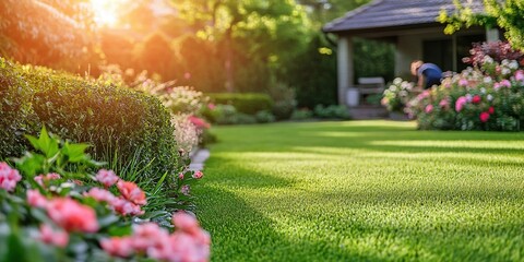 Obraz premium Creating a Lush Garden: Landscaping Techniques for Vibrant Flowers and Green Lawns in Sunny Settings