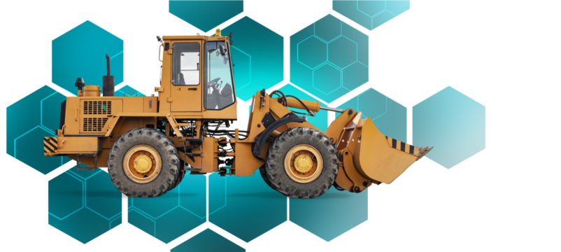 A powerful bulldozer loader equipment is isolated with striking teal hexagonal shapes surrounding it, highlighting its rugged design and industrial strength.