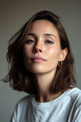 Fototapeta premium Elegant Young Woman with Short Hair and White Shirt in Natural Light, Minimal Beauty Portrait