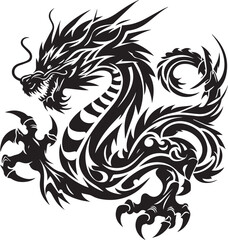 Tribal Dragon Tattoo Vector Illustration – Black Stylized Mythical Beast Design

