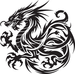 Tribal Dragon Tattoo Vector Illustration – Black Stylized Mythical Beast Design

