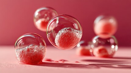 This abstract image features floating bubbles on a soft pink background, showcasing a sense of tranquility, freshness, and lightness, appealing to aesthetic sensibilities beautifully.