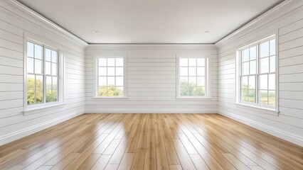 Fototapeta premium Empty room interior design with wood floor and white shiplap walls