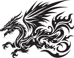 Tribal Dragon Tattoo Vector Illustration – Black Stylized Mythical Beast Design


