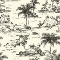 Tropical Landscape with Palm Trees and Rocky Shoreline Design