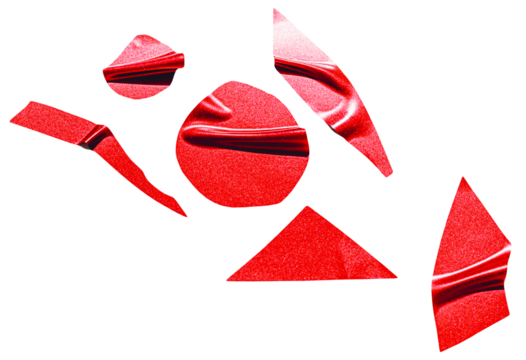 Cutout red vinyl foil shapes with glitter texture on transparent background. Various geometric pieces for design collage or composition..
