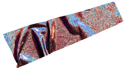 Colorful holographic fabric texture with intense rainbow reflections and metallic sheen. Wavy folds and light play on shiny glitter surface. Isolated on transparent background.