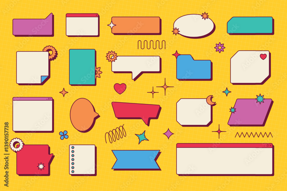 Poster Windows frame box. Retro browser chat dialog. Computer interface. Message notification stickers for post dialogue or internet template. 90s UI design. Vector PC empty graphic border set