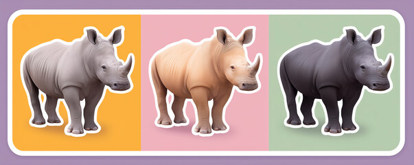 A set of full-length images of large African animals, such as rhinos. The concept of wildlife conservation in Africa.