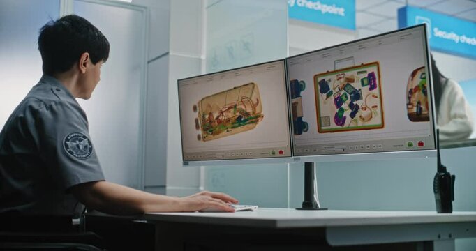 Airport Security Checkpoint: Female TSA Worker Controlling X-ray Metal Detector Scanning of Baggage on Computer Monitors. In the Background, Passengers Taking Luggage After Screening Procedures.