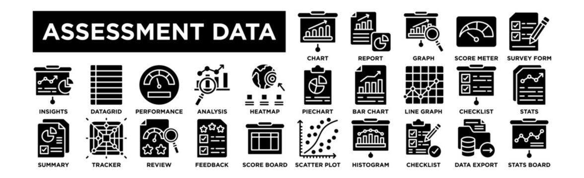 Assessment Data icon collection set. Containing design Progress Chart, Data Report, Analytics Graph, Score Meter, Survey Form
