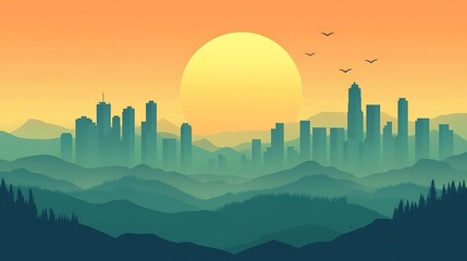 Sunset over city skyline nestled in mountains.