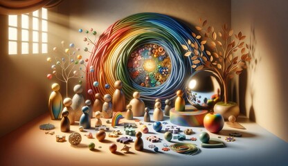 A warm-toned surreal scene featuring abstract human figures, puzzle pieces, rainbow coils, golden trees, and symbolic objects representing community, diversity, and connection in a creative setting.