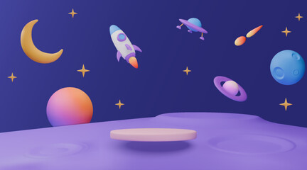 3d kid background. Galaxy space podium, rocket planet and toy spaceship as star children products promo presentation, birthday room. Cute cartoon childish banner backdrop. Vector showcase © SpicyTruffel
