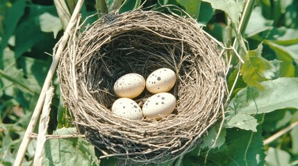 Obraz premium Bird nest with speckled eggs nestled in a woven structure