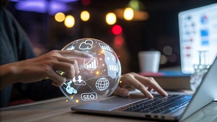 Futuristic Digital Interface with Global Connectivity and Data Icons