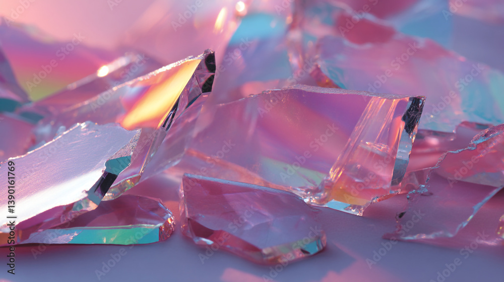 Poster abstract close up of shards of glass with iridescent reflections on a soft surface backdrop