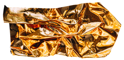 Wrinkled golden foil with ribbed glossy surface on transparent background. Abstract luxury material with light reflections and folded texture