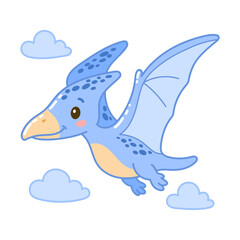 Cute flying blue cartoon pterodactyl with soft wings and smile, perfect for kids prints or decor