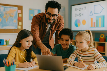 Teacher Assists Students With Laptop Activity in Classroom